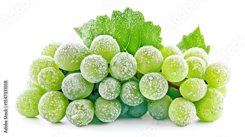 Frozen green grapes with leaves