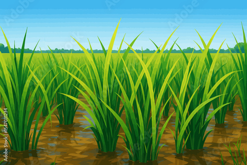 This digitally illustrated image depicts a lush rice field during the early growth stage, before the rice plants begin to produce grains. The vibrant green rice stalks are planted in neat rows, standi