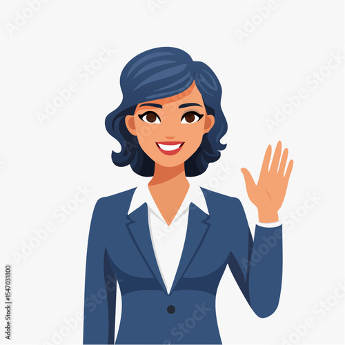 Smiling Businesswoman Waving Hand – Flat Vector Icon of Friendly Woman with Short Wavy Hair in White Blouse