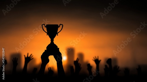 Silhouetted hands reaching for a trophy against a vibrant sunset skyline, celebrating achievement