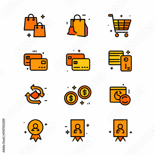 vector of shopping bags, cart, credit cards, coins, and user profile icons on transparent background , no background