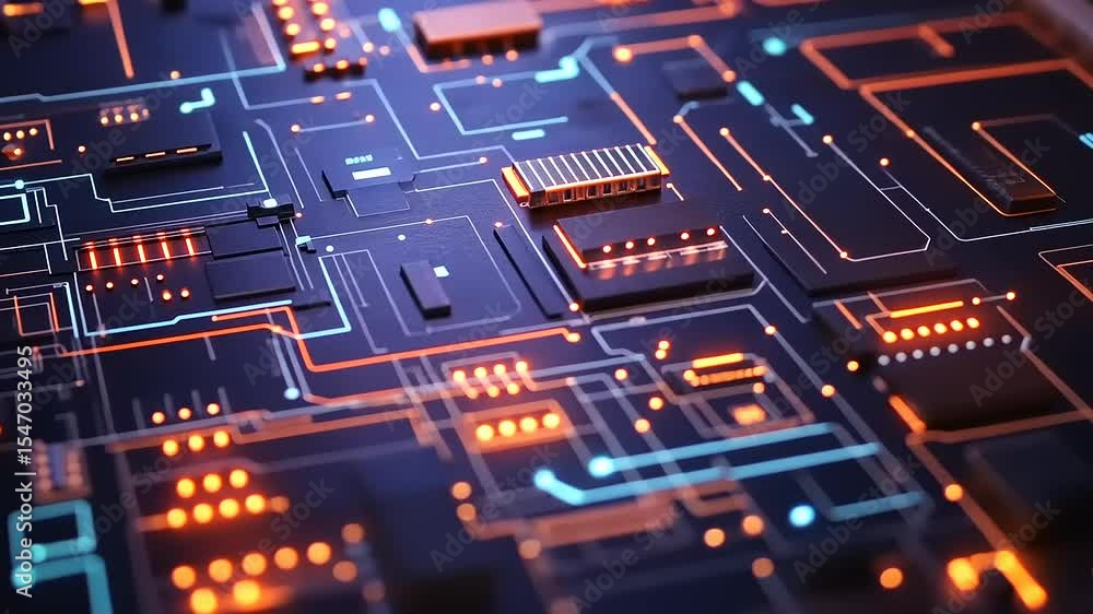 Close-up view of a futuristic circuit board with glowing lines and chips, showcasing technology in action Close-up view of a futuristic circuit board with glowing lines and chips, showcasing technology in action