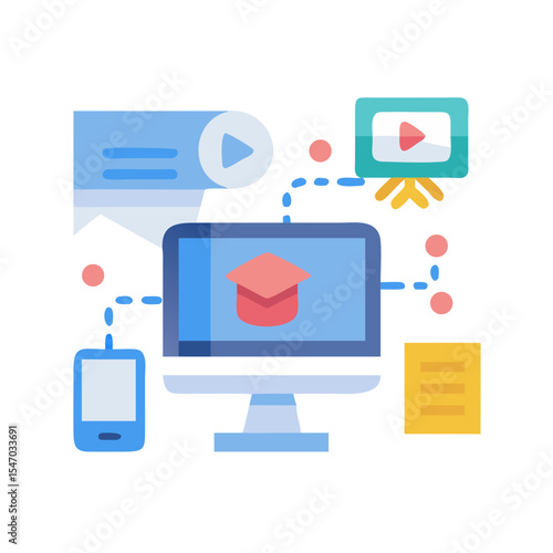 Online learning and education with technology devices illustration
