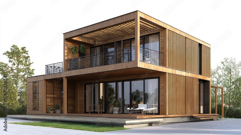 A modern, two-story wooden house with a flat roof and large windows, situated in a suburban setting with greenery and a clear blue sky. A modern, two-story wooden house with a flat roof and large windows, situated in a suburban setting with greenery and a clear blue sky.