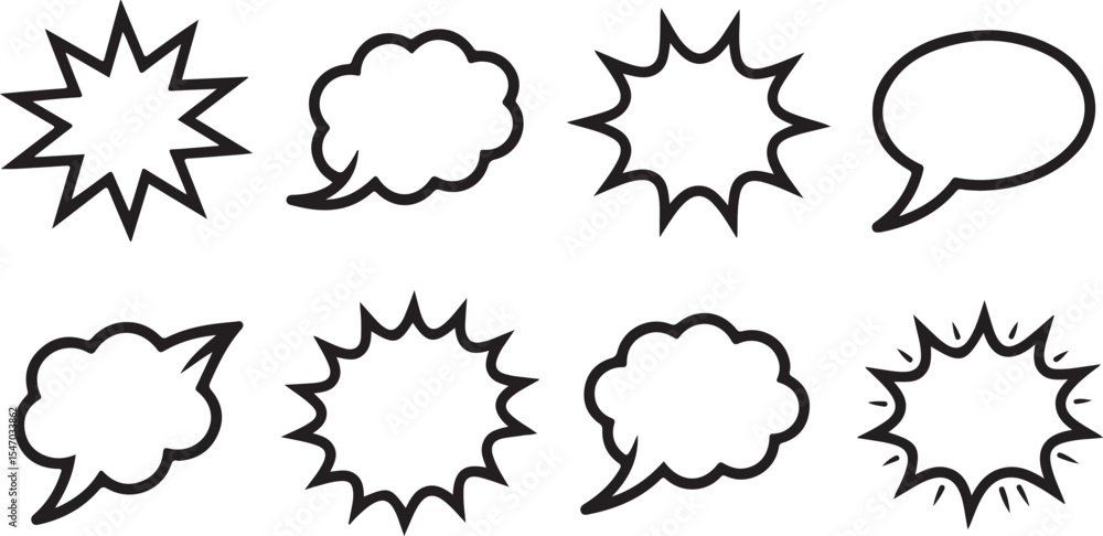 Collection of cartoon comic bubble and explosion shapes in black outline Collection of cartoon comic bubble and explosion shapes in black outline