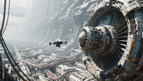 A tiny maintenance drone hovers beside the gargantuan engine of a derelict starship, its intricate mechanisms stretching beyond the horizon, revealing an endless labyrinth of wires and metal. 