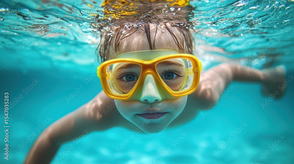 Naklejka premium A young child wearing a yellow snorkel mask, swimming in clear blue water with a yellow and orange fish swimming nearby.