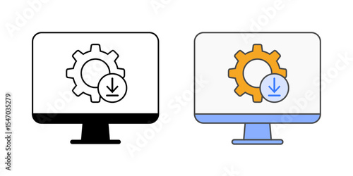 Software installation for new user icon with monitor, install arrow, and gear, in outline and color styles, perfect for illustrating IT onboarding, app deployment, and workstation setup for employees