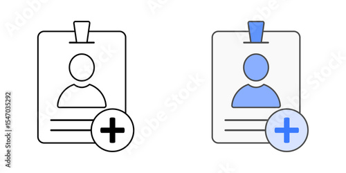 User profile creation icon with avatar, ID card, and plus sign, in outline and color styles, ideal for illustrating account setup, employee identity creation, and user onboarding in IT systems.