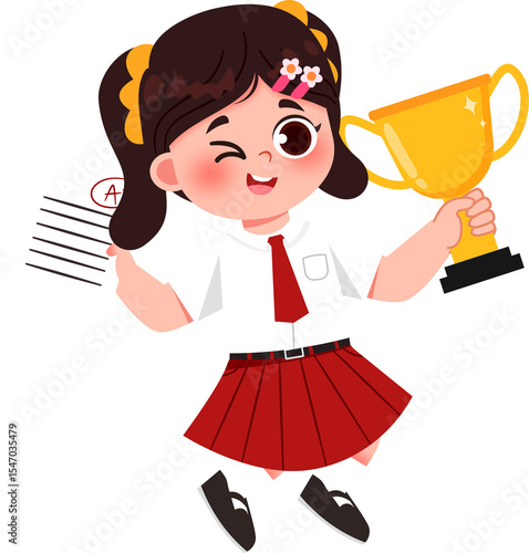 Winking Student with A+ Grade and Trophy: Academic Achievement Cartoon Illustration. Indonesian Elementary School Student.