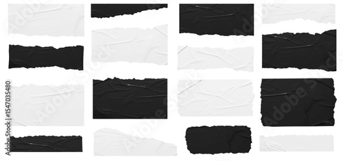 Vector ripped black and white stickers paper texture background, Mock up blank banners elements tags labels template design