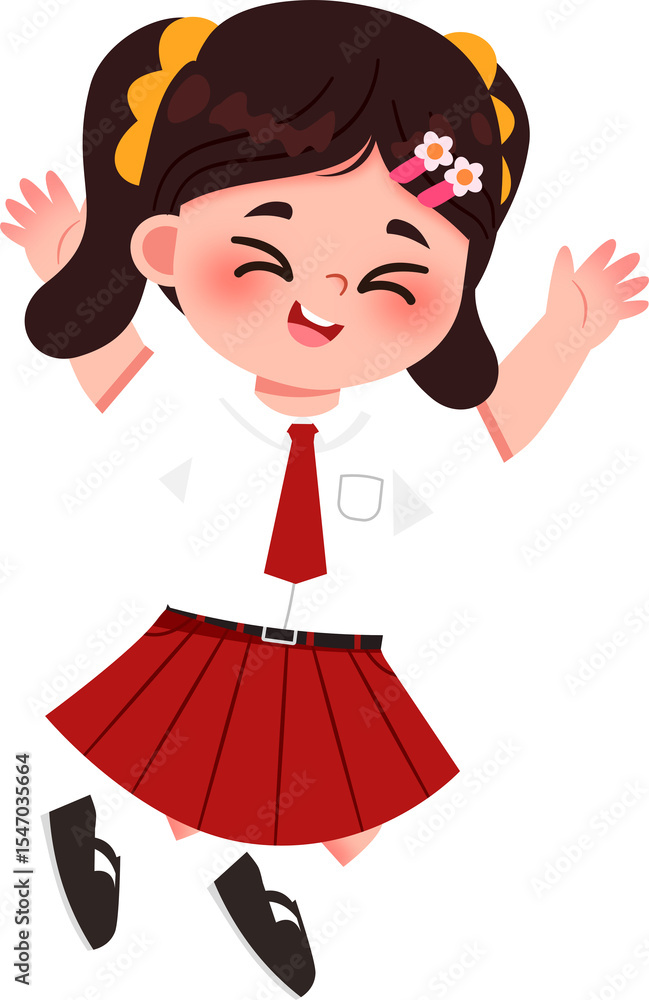 Jumping Schoolgirl: Red Skirt, Pigtails, and Joyful Expression. Indonesian Elementary School Student. Jumping Schoolgirl: Red Skirt, Pigtails, and Joyful Expression. Indonesian Elementary School Student.