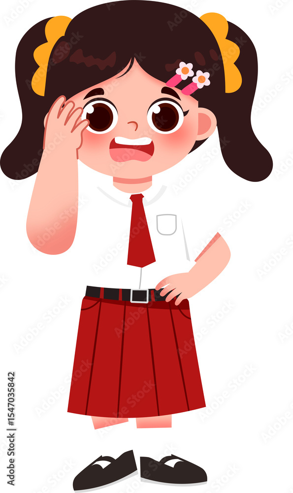 Smiling schoolgirl in uniform, adjusting hair, red skirt and tie, vector illustration. Indonesian Elementary School Student. Smiling schoolgirl in uniform, adjusting hair, red skirt and tie, vector illustration. Indonesian Elementary School Student.