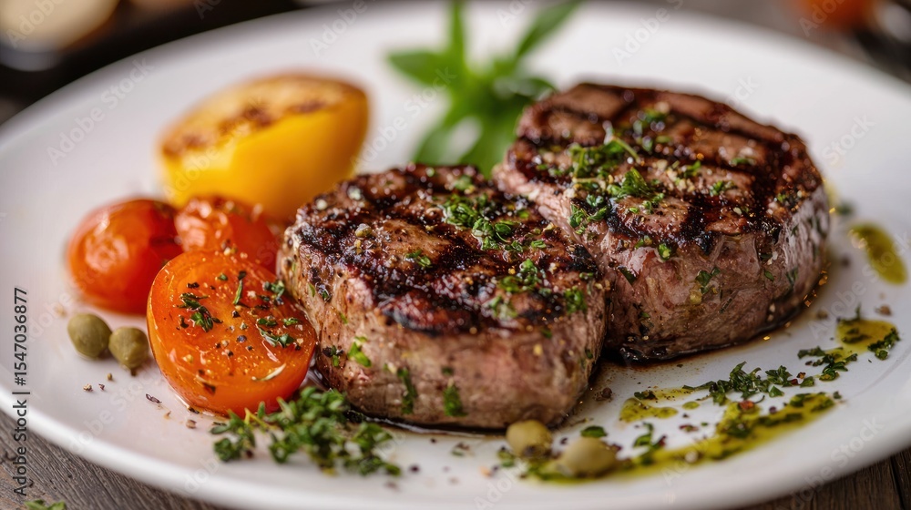 A plate of grilled steak with vegetables and herbs, garnished with fresh herbs and a side of roasted tomatoes and potatoes. A plate of grilled steak with vegetables and herbs, garnished with fresh herbs and a side of roasted tomatoes and potatoes.