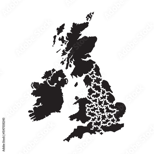 Detailed United Kingdom Administrative Map Silhouette Vector Illustration