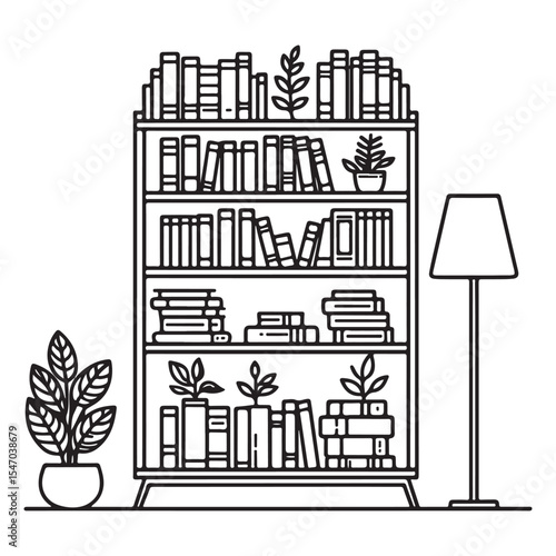 Bookshelf Illustration with Books and Plants for Reading Enthusiasts