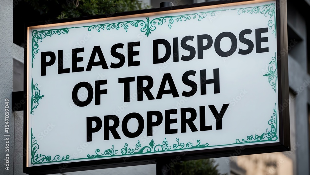 Fototapeta premium Phrase Please Dispose of Trash Properly is displayed on an attractive signage board with clear text and beautiful background designs