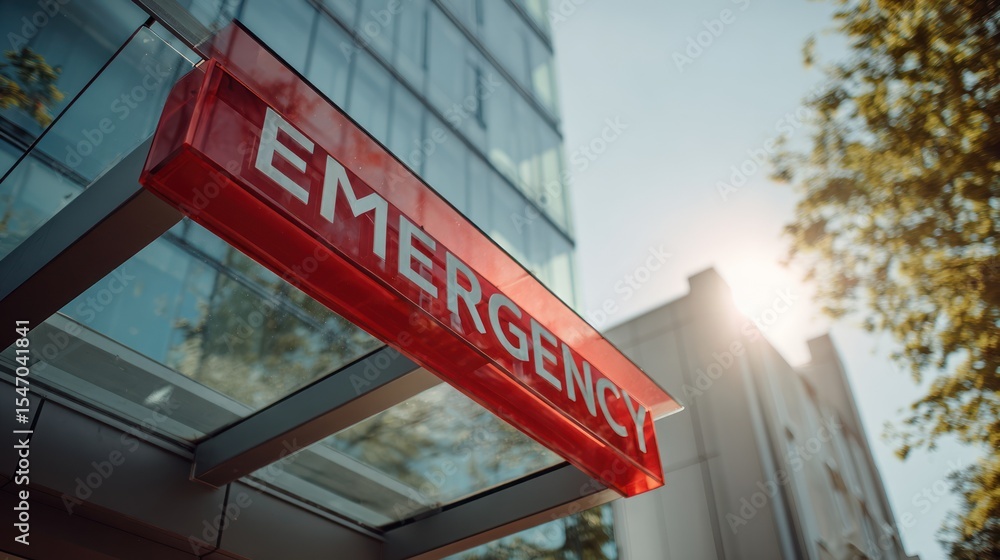 Obraz premium Architecture detail of emergency entrance sign in red translucent glass, modern hospital design with clear sky and soft-focus trees around