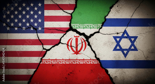 symbolizes geopolitical tension, showing the flags of the U.S. Israel and Iran’s flag painting on crack wall, reflecting strained relations and ongoing conflicts among these nations.