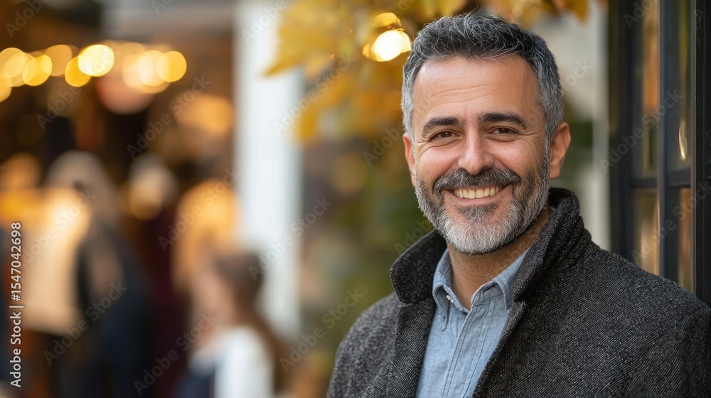A man with gray hair and a beard, wearing a dark jacket, standing in front of a window with autumn leaves and warm lighting. A man with gray hair and a beard, wearing a dark jacket, standing in front of a window with autumn leaves and warm lighting.