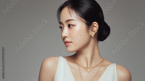 Refined Asian female model wearing a minimal white dress and delicate gold accessories, posed gracefully with calm expression in soft studio light.