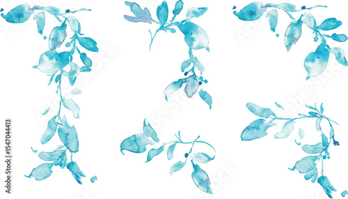 水彩画。水彩タッチの水色植物イラスト。水彩のベクター化している夏の葉っぱ素材。夏の植物フレーム背景。Watercolor painting. Water color plant illustration with watercolor touch. Watercolor vectorized summer leaves. Summer plants frame background.