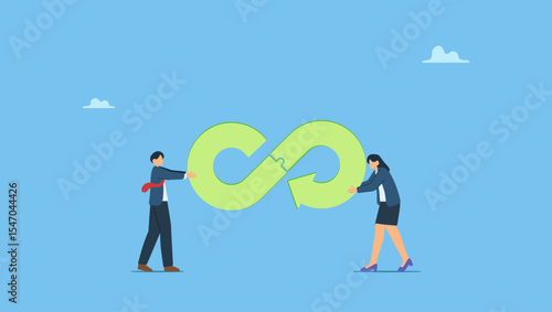 Business people combine circular economy cycle symbols. Sustainability, ecology with reusable resource, energy or eco friendly product, recycle material or environment protection, climate change