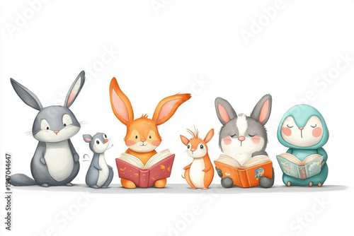 cartoon characters cute animals reading books white background