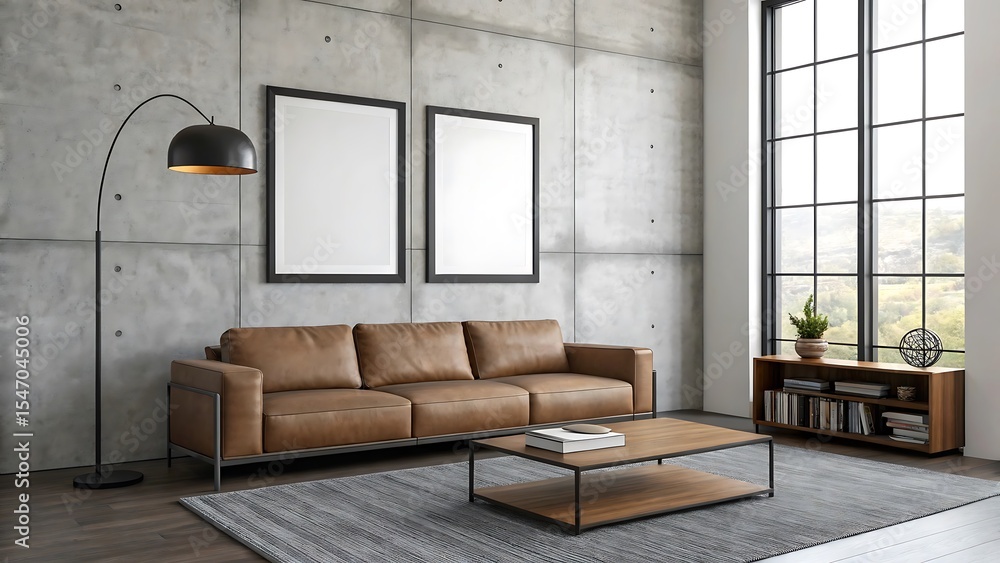 Modern Industrial Living Room with Leather Sofa and Coffee Table Modern Industrial Living Room with Leather Sofa and Coffee Table