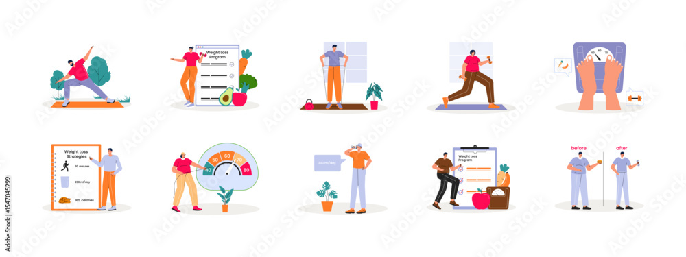 Weight loss illustrations set. Flat vector Illustration. Weight loss illustrations set. Flat vector Illustration.