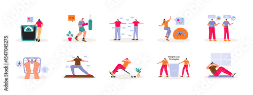 Weight loss illustrations set. Flat vector Illustration.