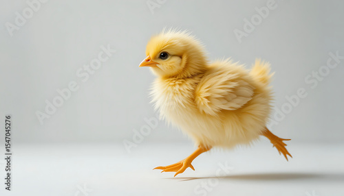 Fluffy Yellow Chick Mid-Stride with Orange Beak and Feet on White Surface