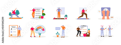 Weight loss illustrations set. Flat vector Illustration.
