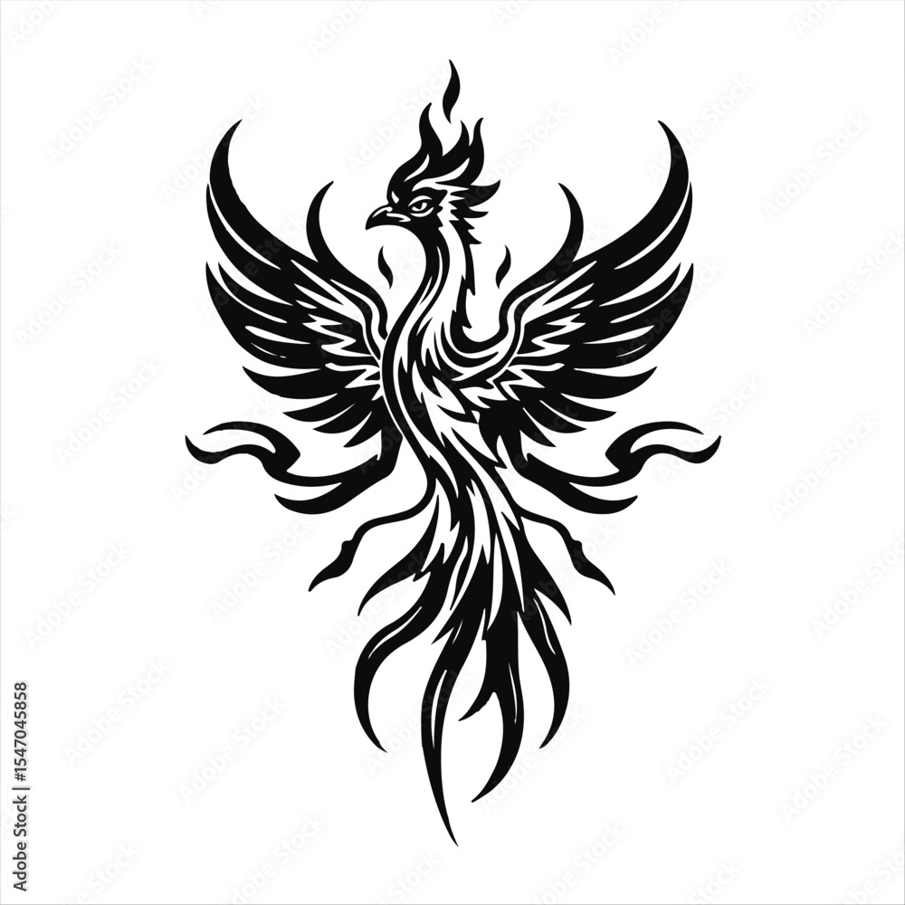 Obraz premium A majestic phoenix silhouette rising from abstract flame-shaped feathers, in a classic black and white tribal tattoo design, rendered in detailed vector art, antique patina finish.