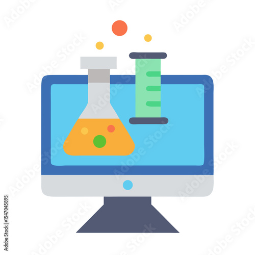 Online science learning depicting a computer with laboratory glassware