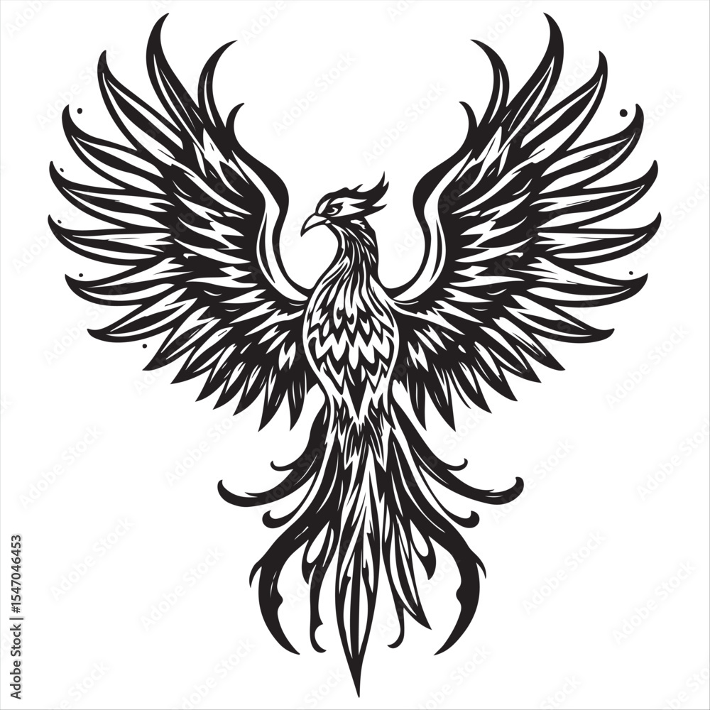 Obraz premium Detailed vector art of a phoenix silhouette in a majestic pose. Black ink lines, sharp details, tribal tattoo style, flames forming abstract feather shapes, timeless and elegant aesthetic. Wide angle.