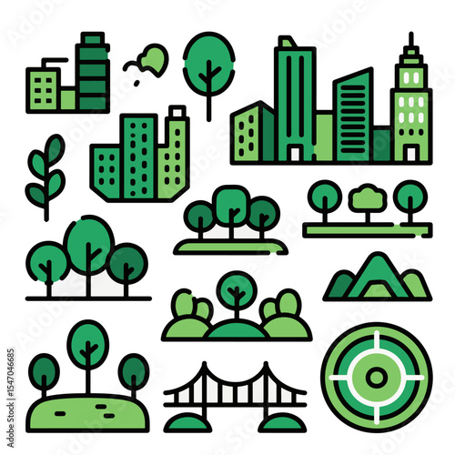 Urban green environment with city buildings, trees, parks, and pathways highlighting eco life and public areas as a Green city icon for healthy cities.