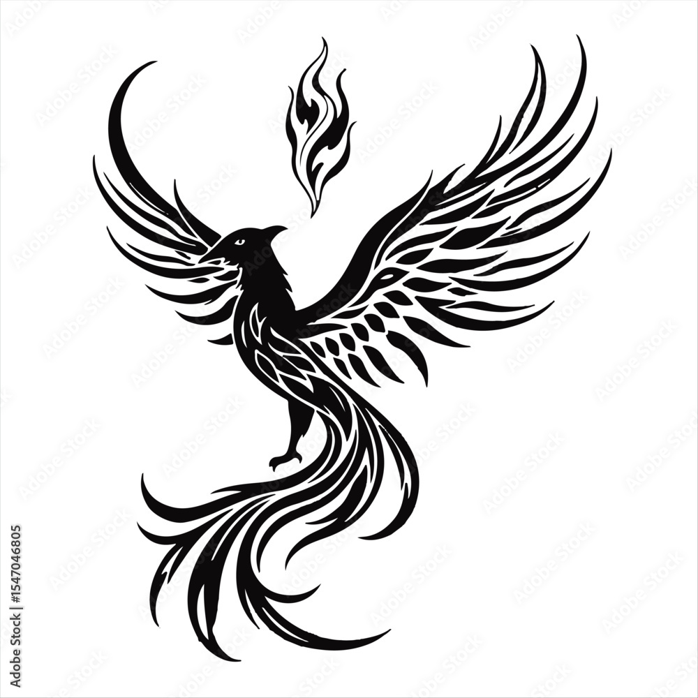 Obraz premium Timeless and elegant black and white vector art of a phoenix silhouette rising, wings spread, flames depicted as abstract tribal-inspired feather shapes, detailed line art.