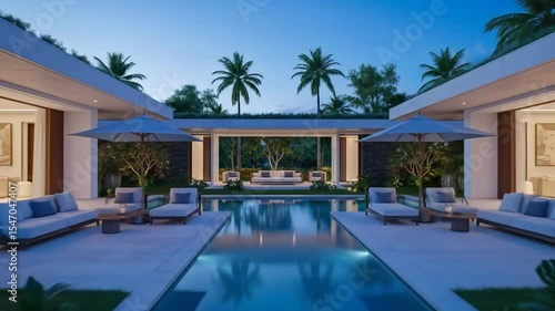 Luxurious modern villa with infinity pool and tropical palm trees at dusk relaxing ambiance