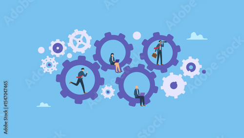 Vector illustration of business people work inside gears cogwheels. Roles and responsibilities, teamwork or resource management, work delegation, role definition, job position or organization.