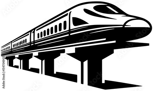 A minimalist black and white silhouette of a bullet train on elevated rails with clean geometric lines