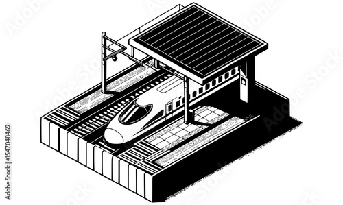 A black and white isometric drawing of a bullet train station platform with the train arriving at high speed