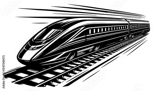 A black and white side-view illustration of a modern bullet train speeding on tracks with motion lines