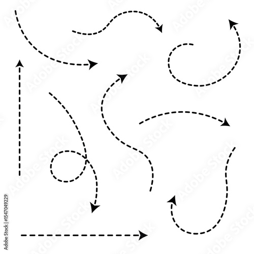 dashed arrow set doodle dotted line design icon. black dotted arrows set. dash line arrow icon. curved dotted arrow. zigzag arrow design. vector illustration and transparent png.