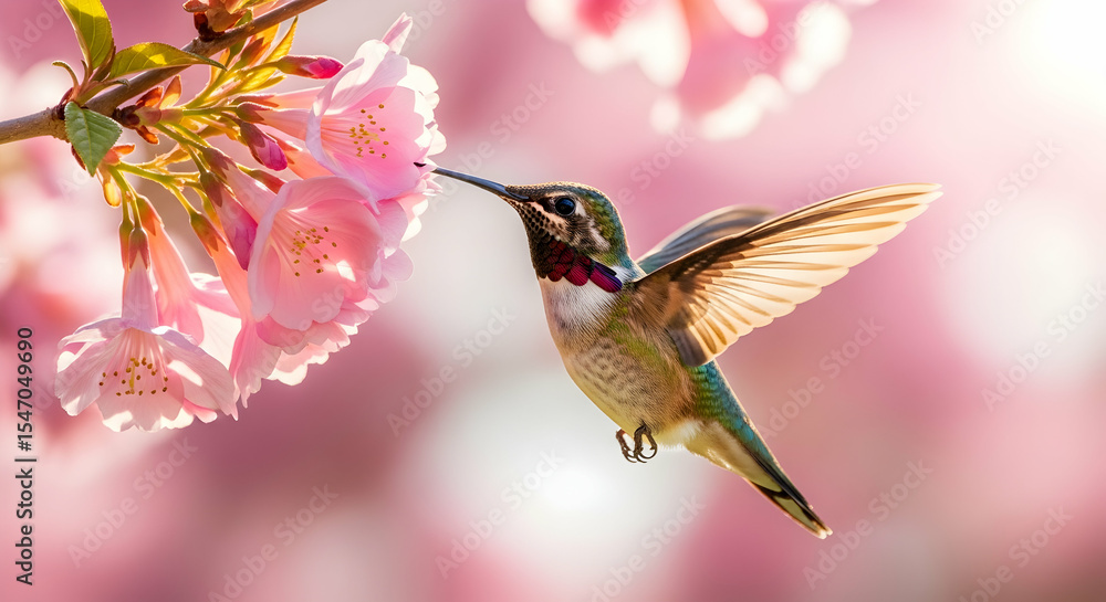 Naklejka premium Beautiful Hummingbird Drinking Nectar from Pink Blossoms
