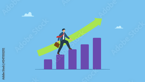 Success businessman step up growing bar graph stairs. Career advancement, development or business growth, progress to more responsibility, salary or job promotion, improvement opportunity.