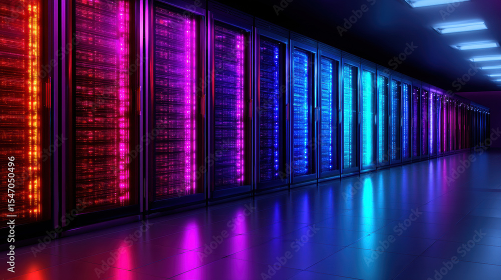 Fototapeta premium Quantum programming server room with colorful neon lights reflecting on floor creating futuristic and vibrant atmosphere