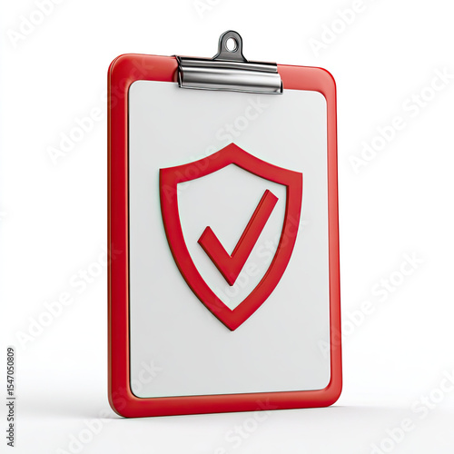 Red clipboard with shield and checkmark symbol showing security