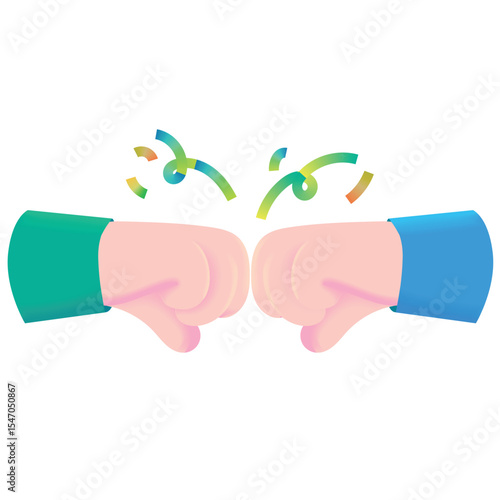Vector cartoon of two fists bumping each other with confetti. A cheerful illustration of support, teamwork, celebration, and social unity in a cute flat colorful style for apps, web, or posters.