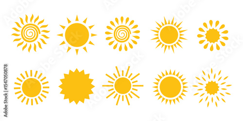 Sun icons. Sunset sunshine icon collection isolated on white background.
